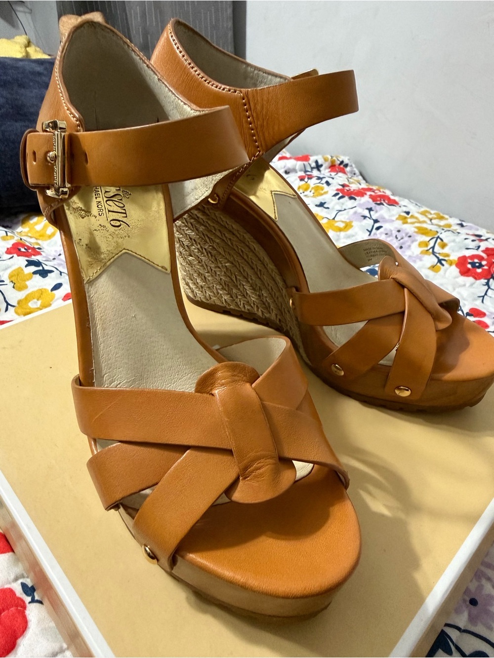 Michael Kors Peanut Leather Wedge Sandals